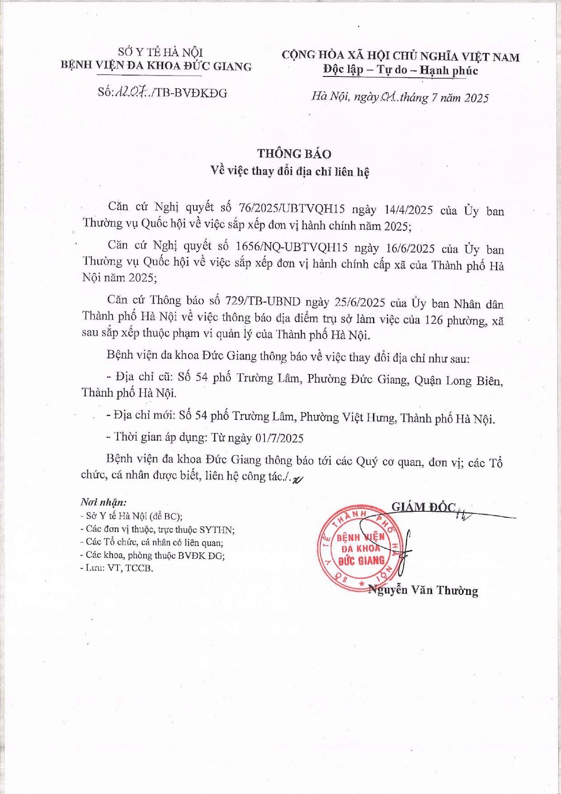 Thông báo về việc thay đổi địa chỉ liên hệ