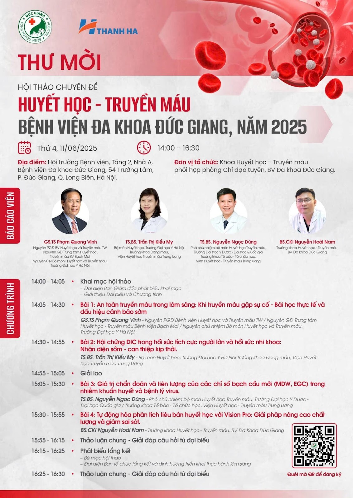 Thư mời tham dự: Hội thảo chuyên đề: Huyết học – Truyền máu, Bệnh viện đa khoa Đức Giang năm 2025